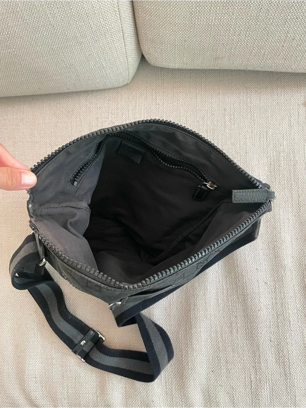 Gucci Black Monogram Crossbody Messenger Bag with Striped Strap